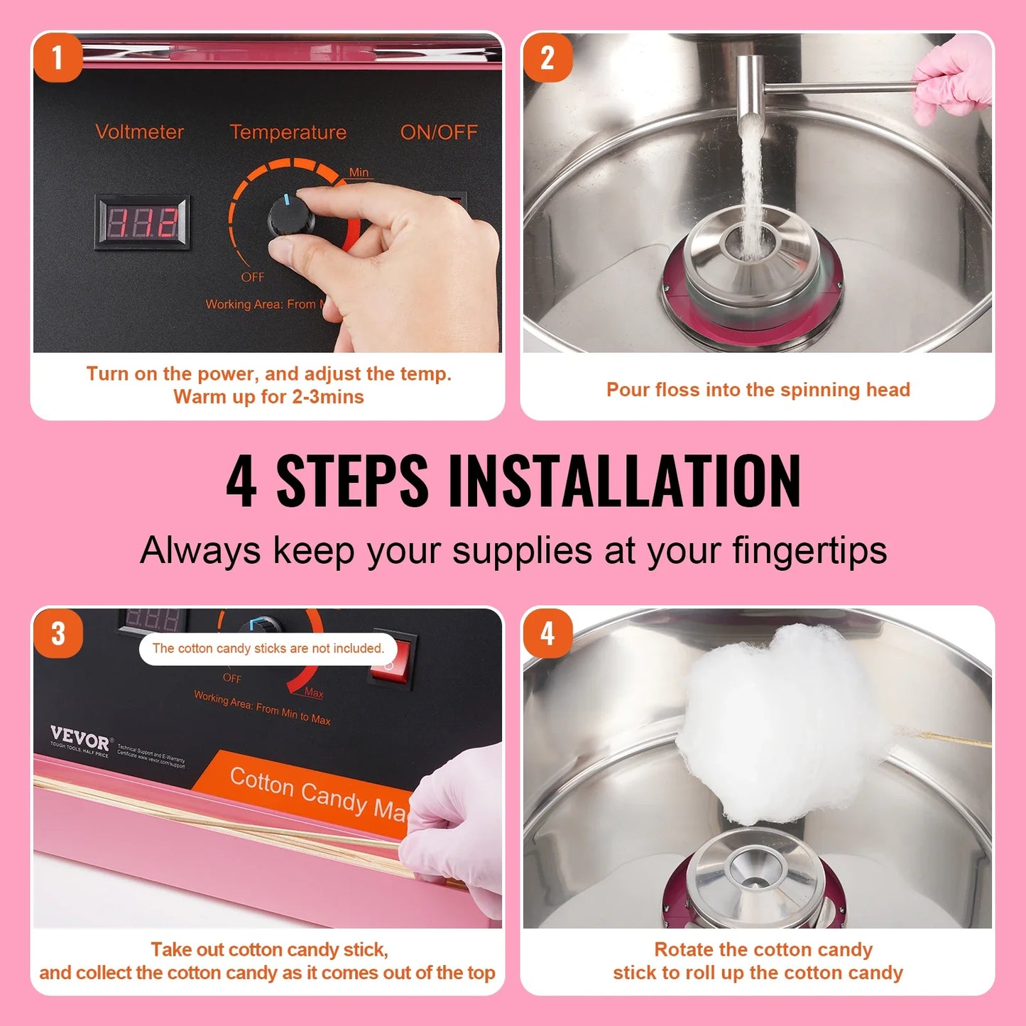 VEVOR Electric Cotton Candy Machine 1000W Candy Floss Maker Commercial Cotton Candy Machine Stainless Steel Bowl and Sugar Scoop