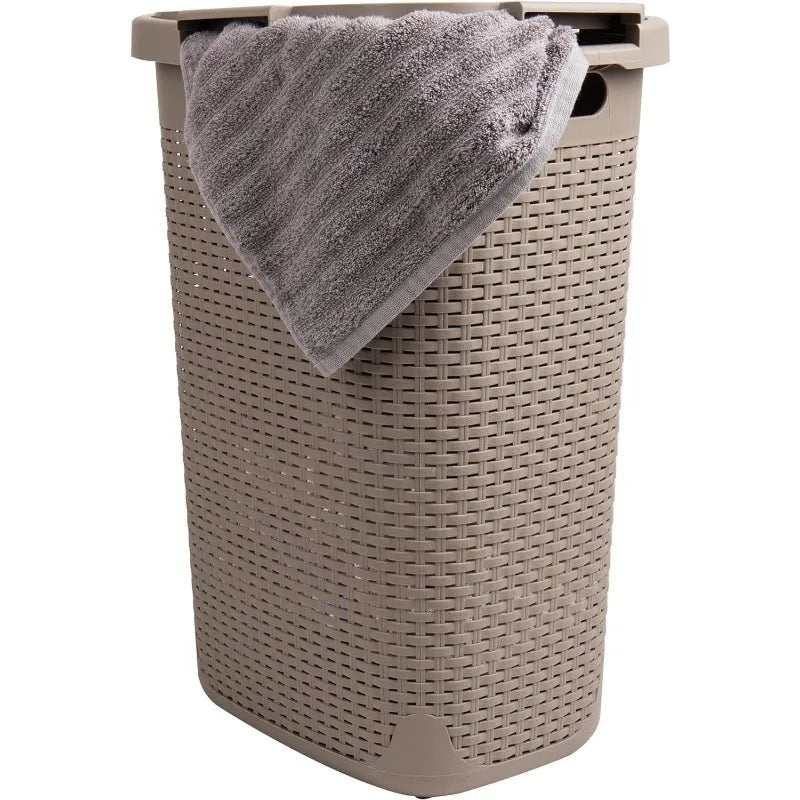 60L Slim Laundry Hamper, Clothes Basket, Lid, Wicker Design, Plastic