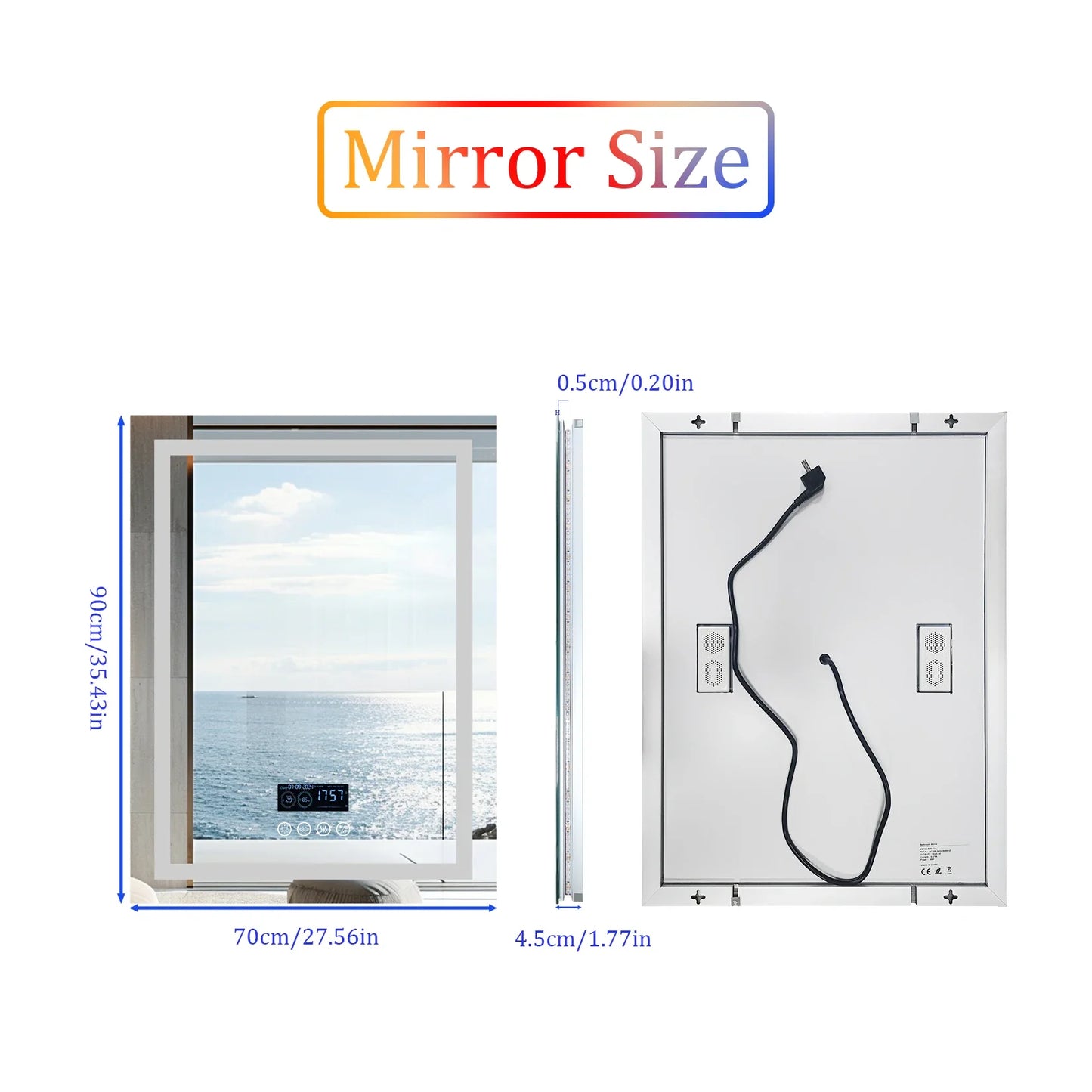Square LED Bathroom Mirror with Bluetooth Speaker, Smart Wall Vanity Mirror, Front-lit and Backlight, Touch Anti-fog