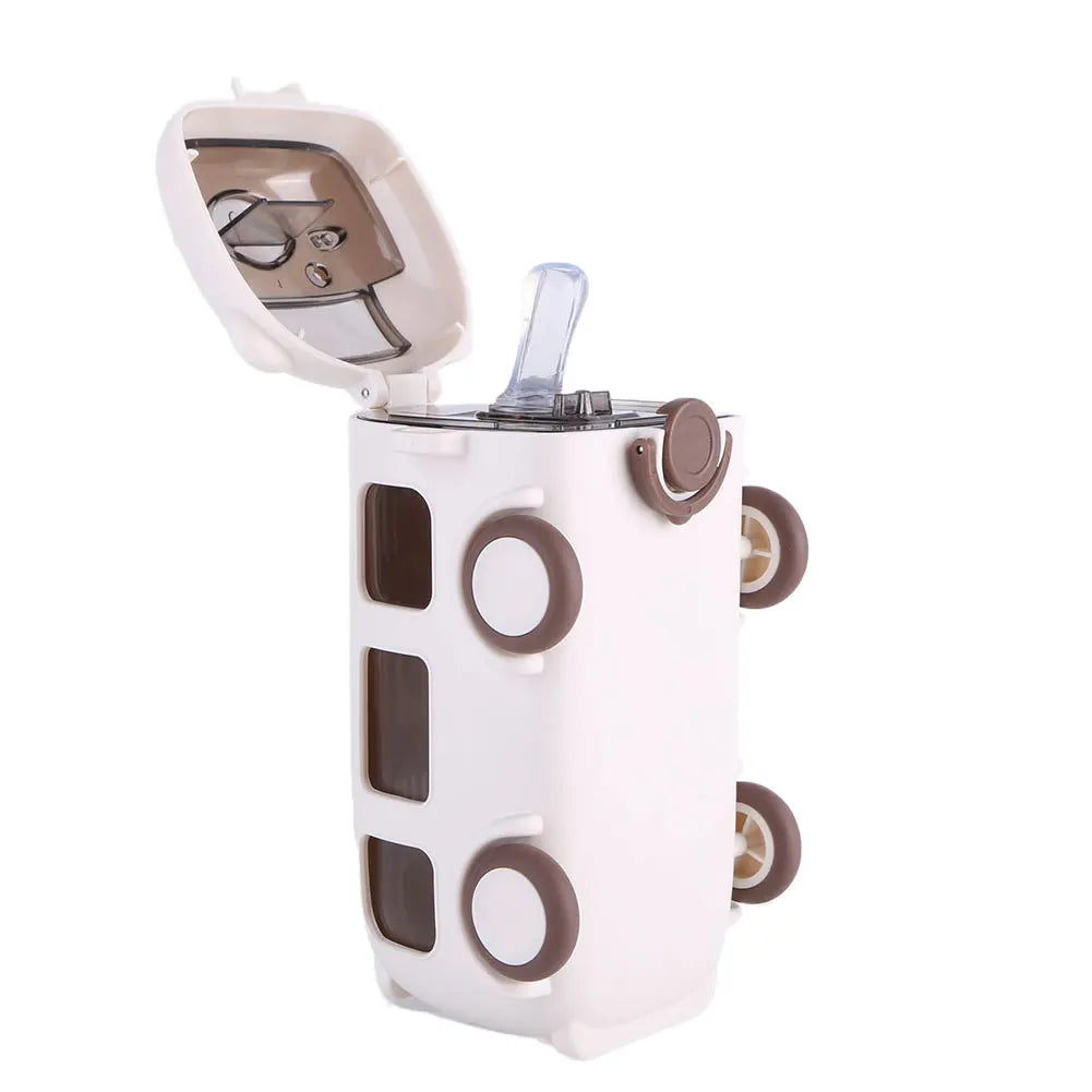 500ML Bus Shape Cartoon Water Cup with Movable Wheels & Strap Plastic Drinking Bottle Leakproof for Home Travel School