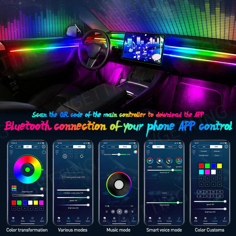 Full Color Streamer Car Ambient Lights RGB 64 Color Universal LED Interior