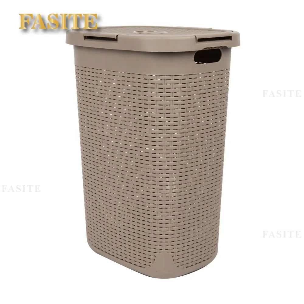60 Liter Laundry Basket with Cutout Handles & Lid, Brown Metallic,10.10 X 14.25 X 24.00 Inches