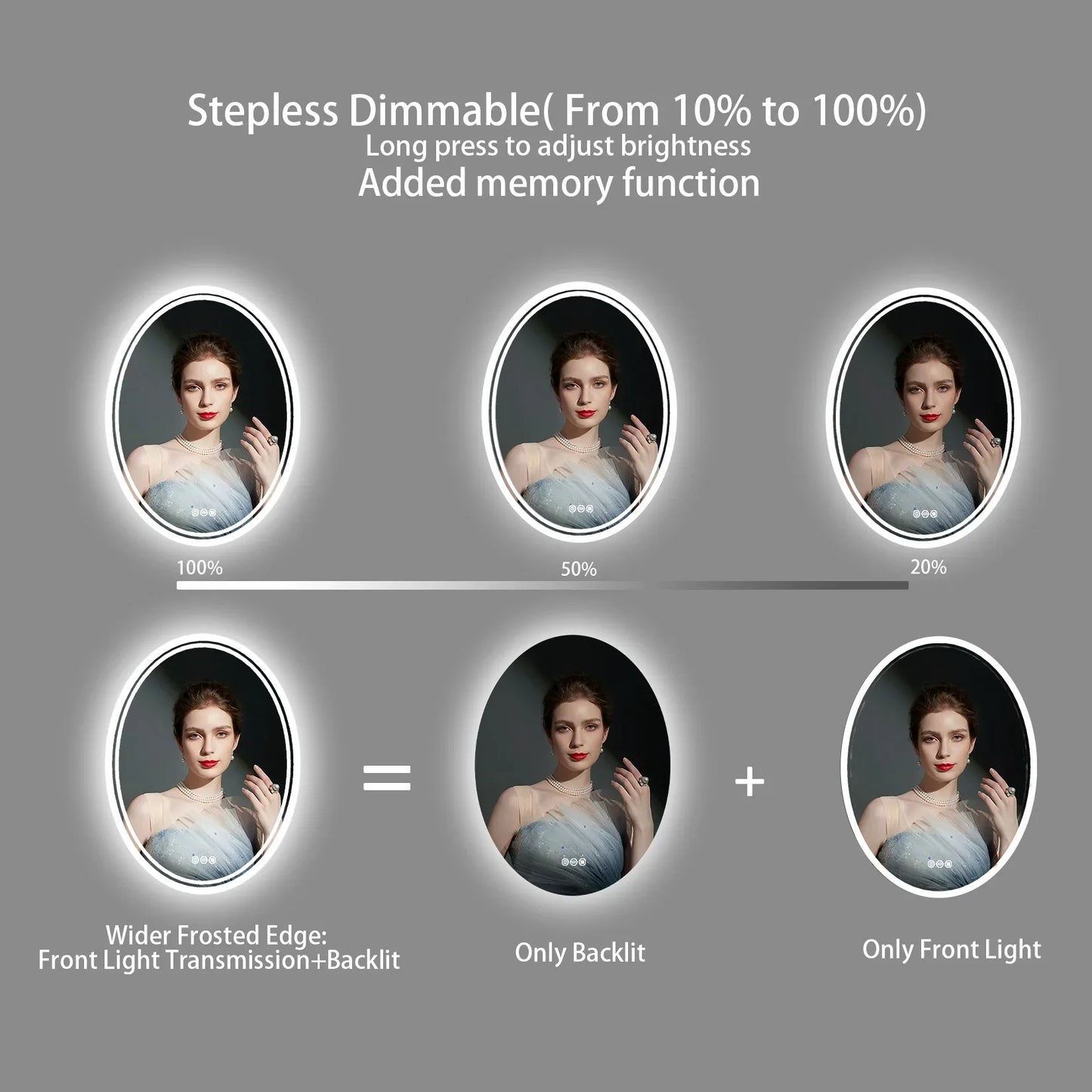 Ultra Bright Oval LED Bathroom Mirror, Anti-Fog, Dimmable, Backlit, Lighted Vanity Mirror, 3 Touch Switch, 28 ", 32"