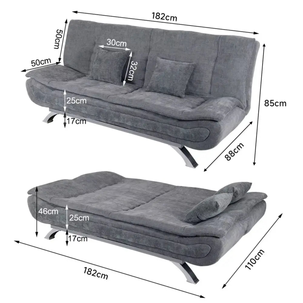 Grey Shell 3 Seater Recliner Sofa Bed with 2 Pillows  for Living Room Bedroom Home Office Study