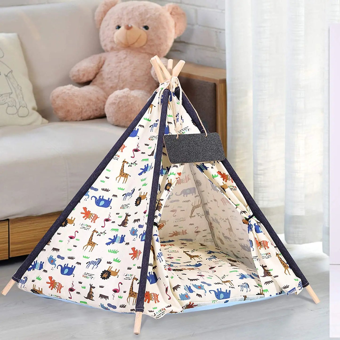 BingoPaw-Foldable Pet Tent with Cushion Pad, Cute Dog Bed House, Washable Cat Teepee, Playhouse Tents