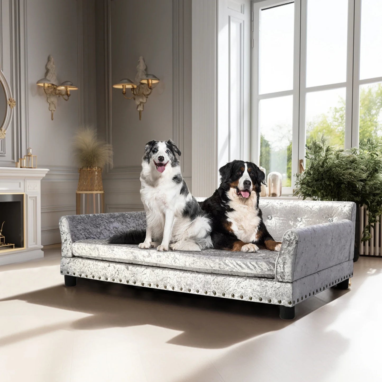 Dutch Velvet Upholstered Pet Lounge Chair, Dog Bed, Sofa, Couch Bed, Solid Wood Legs, Detachable Pad, Pet Supplies, L, XXL