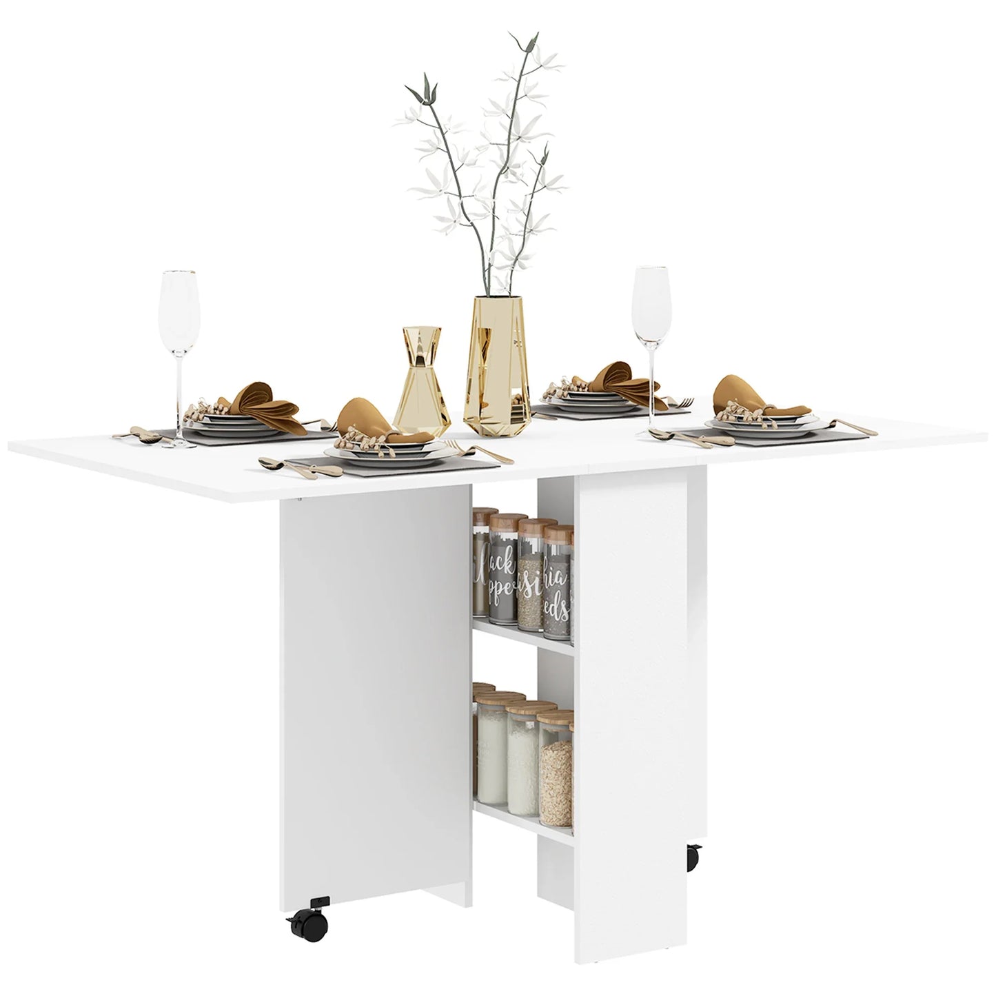 HOMCOM Mobile Drop Leaf Dining Table Folding Desk w/ 2 Wheels White