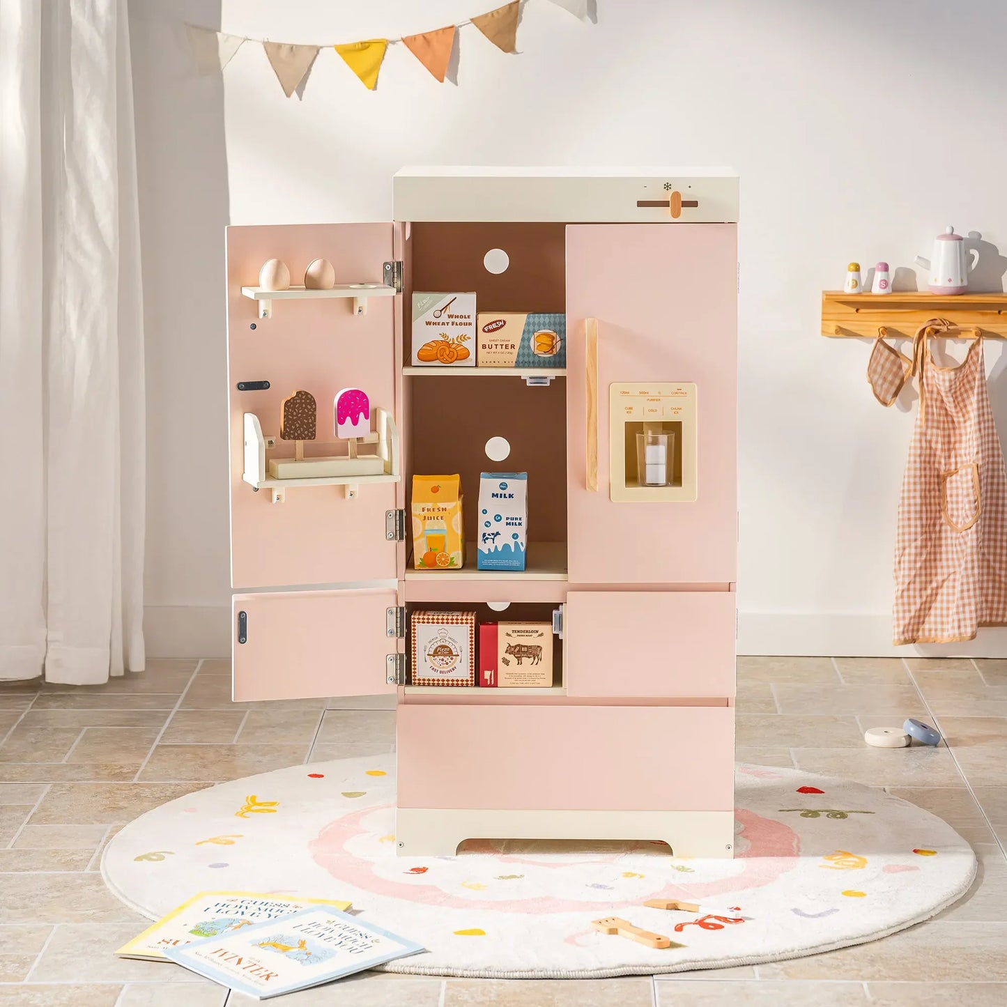 Robotime Robud Kids Corner Kitchen Playset Wooden Play Kitchen Set with Realistic Sound Pretend Play Gift for Boys Girls Pink