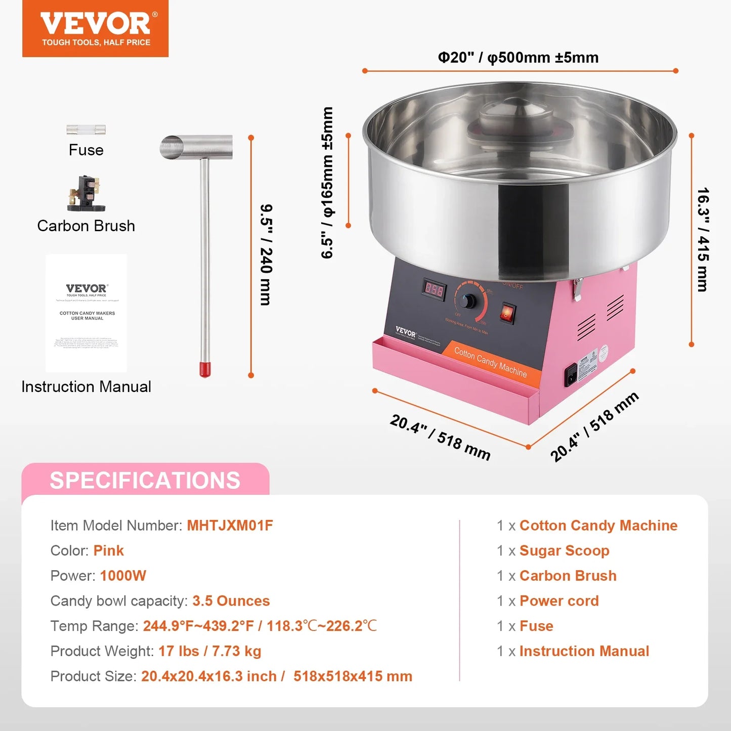 VEVOR Electric Cotton Candy Machine 1000W Candy Floss Maker Commercial Cotton Candy Machine Stainless Steel Bowl and Sugar Scoop