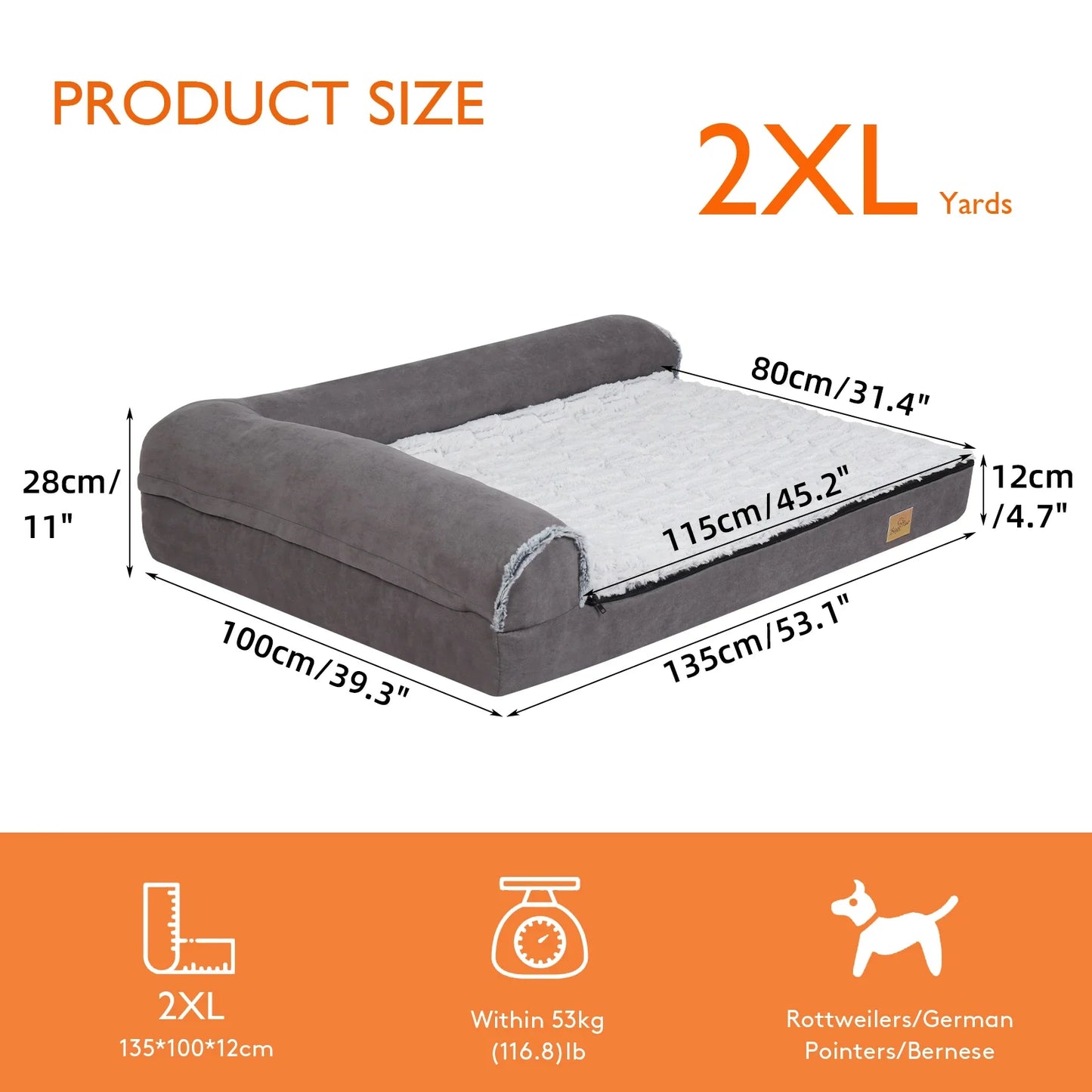 BigngoPaw Heavy Duty Dog Bed for Large Medium Super Soft L-shape Pet Calming Bed Chaise Sofa Kennel Mat w/ Removable Plush Cover
