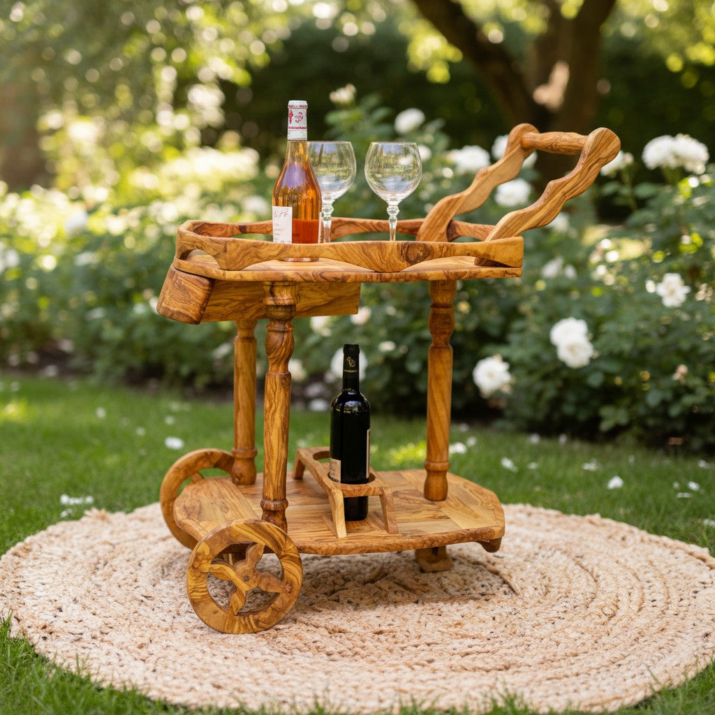 Luxury Solid Olive Wood Bar Cart | Handcrafted Rolling Wine & Beverage Serving Trolley