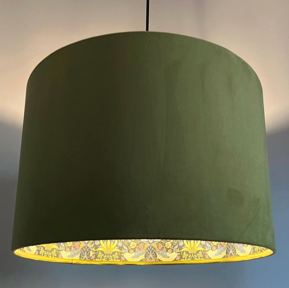 Olive green velvet drum lampshade, double sided lampshade, with navy strawberry thief cotton interior