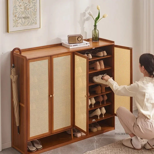 Japanese Bamboo Shoe Rack Indoor Multi-layer Dustproof Shoe Organizers Furniture Imitation Rattan Weave Cabinets for Living Room