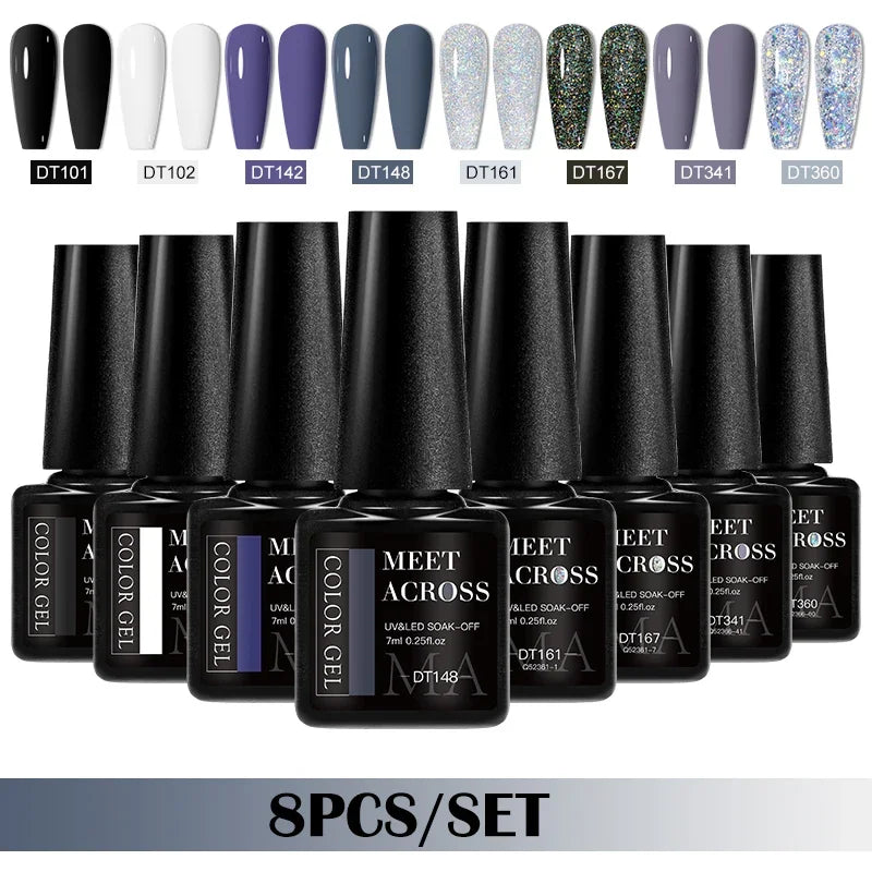 MEET ACROSS 8Pcs/Set Gel Nail Polish Set for All Season Neon Marcaron Green Red Series UV Gel Varnish Manicure Kit Nail Supplies