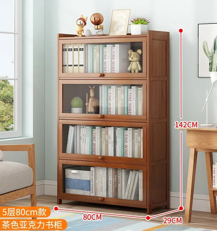 Japanese Home Furniture Bamboo Bookcases Organizer Multi-layer Storage Shelf Simple Retro Bookshelf With Door Modern Office Desk