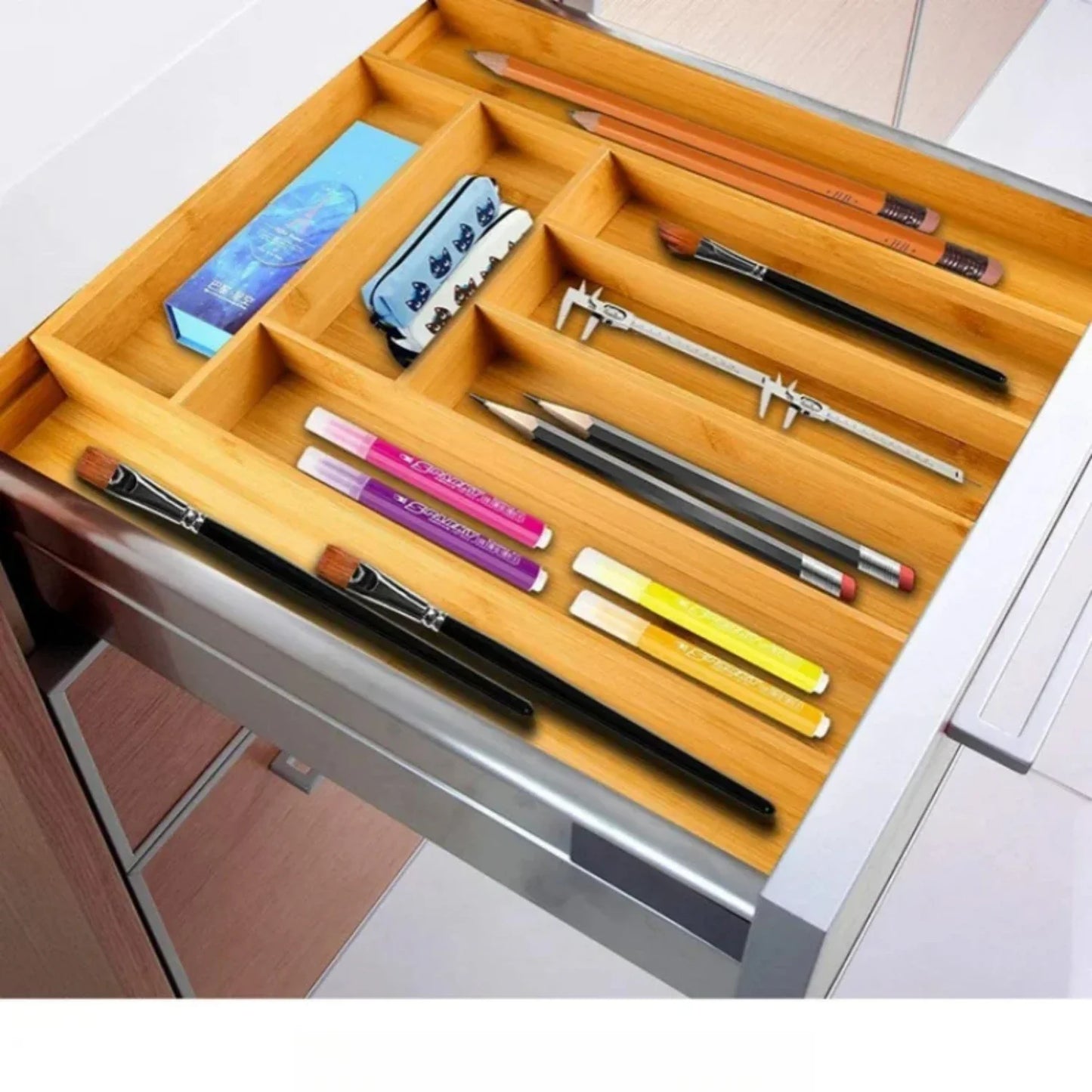 Adjustable 6/7 Grids Bamboo Drawers Insert Box for Cutlery Dinnerware Tools - Kitchen Cabinet Organizer and Housholder Gold tray