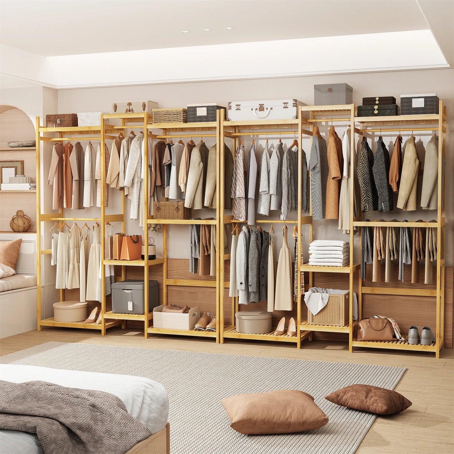 Extra Large Bamboo Clothes Stand Multytier Storage Shelves Clothes Hanging Rack with Hanging Rails for Cloakroom, Bedroom