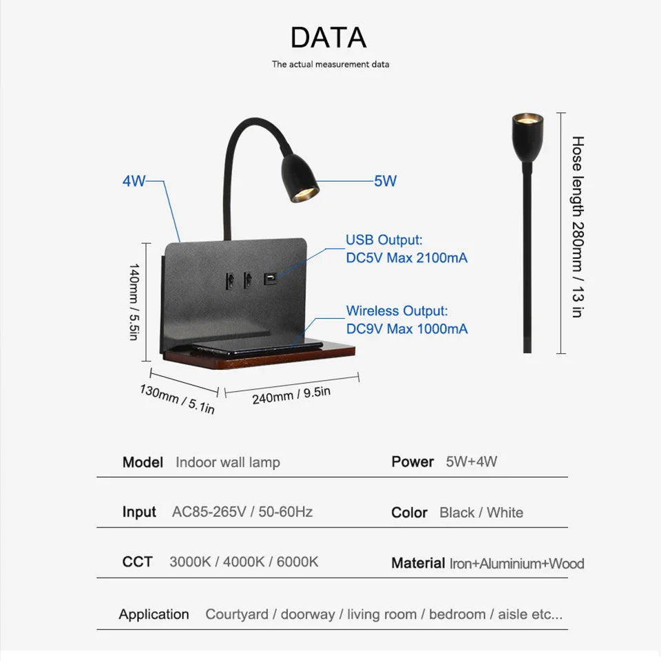 Indoor LED Wall Lamp With USB Interface And Wireless Charging 360° Rotatable