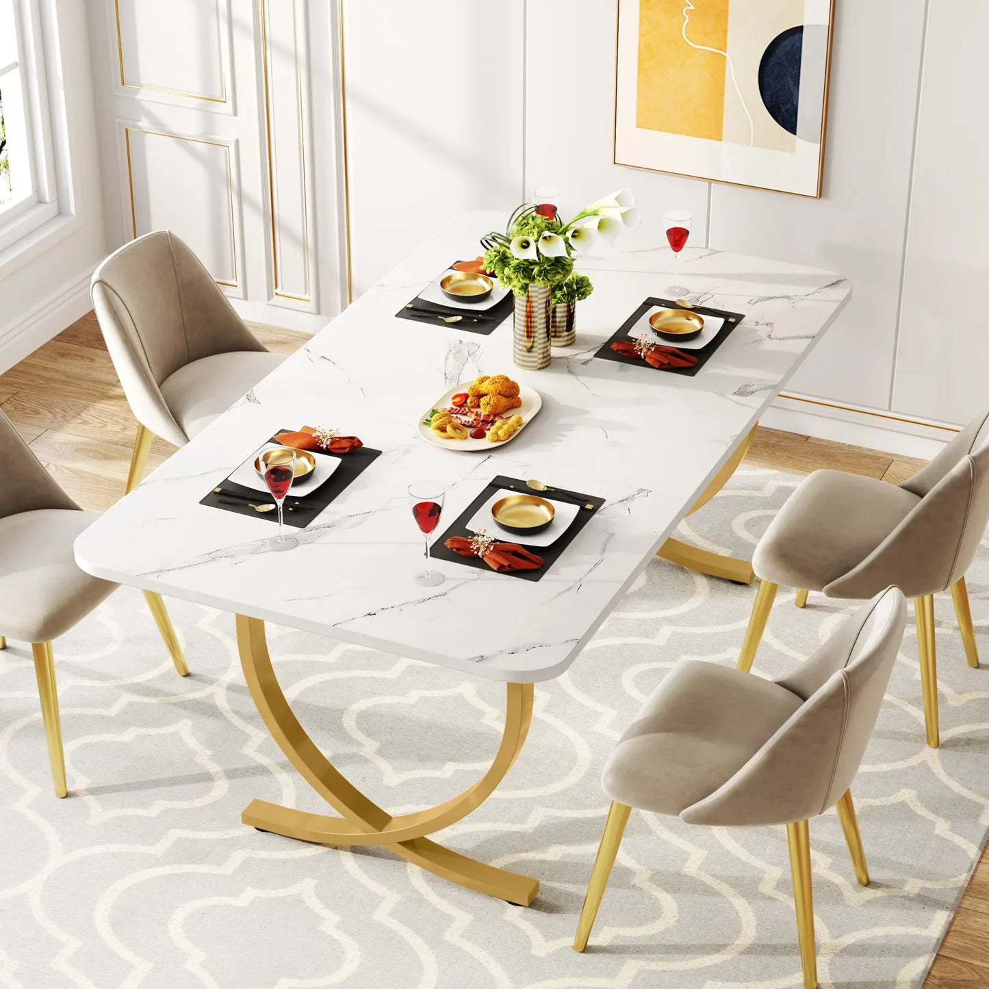 Tribesigns 63-Inch Rectangular Dining Table for 4 to 6, Modern Kitchen Table with Faux Marble Table Top, White Dinner Tables