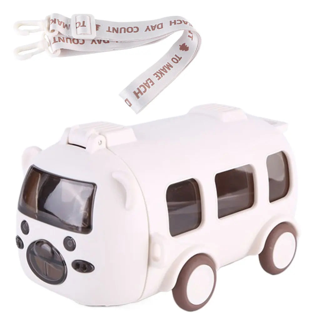 500ML Bus Shape Cartoon Water Cup with Movable Wheels & Strap Plastic Drinking Bottle Leakproof for Home Travel School