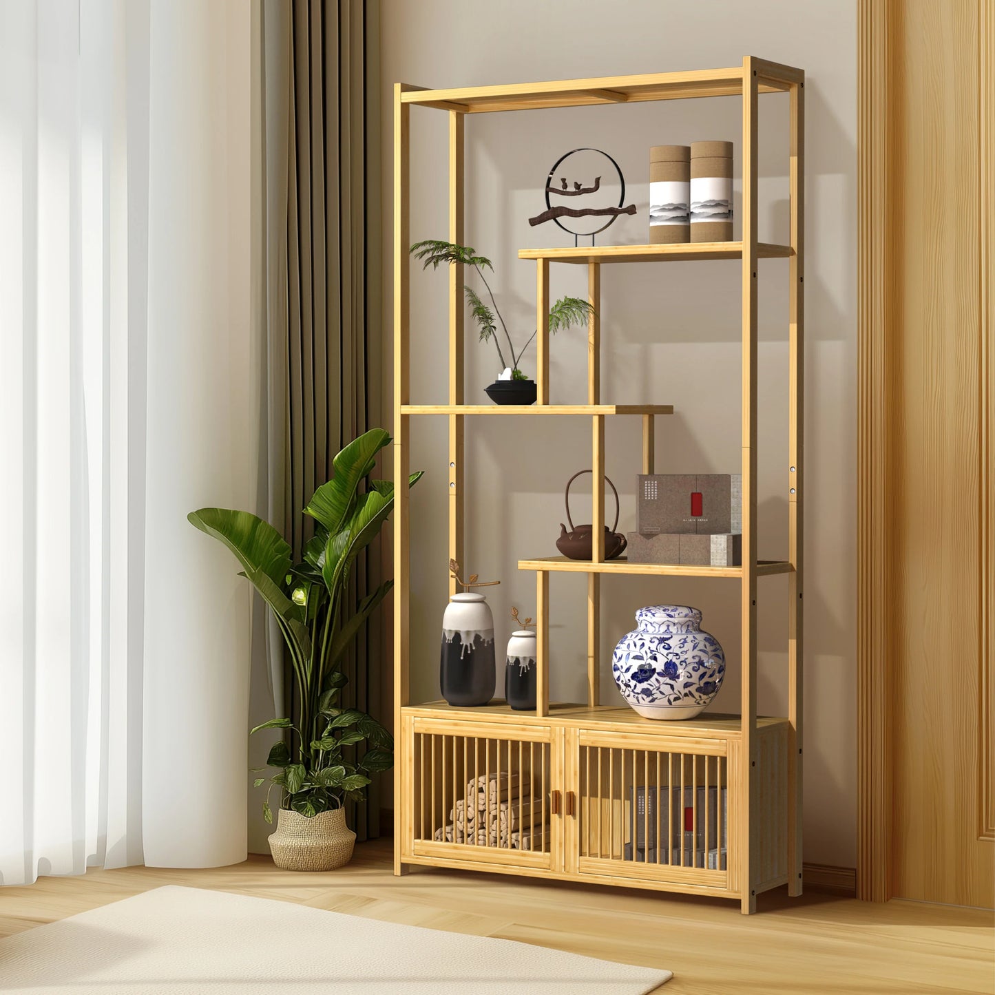 Bamboo Storage Rack Shelving Unit with High and Low Shelves Bookshelf Plant Stand for Home Organization Shelf