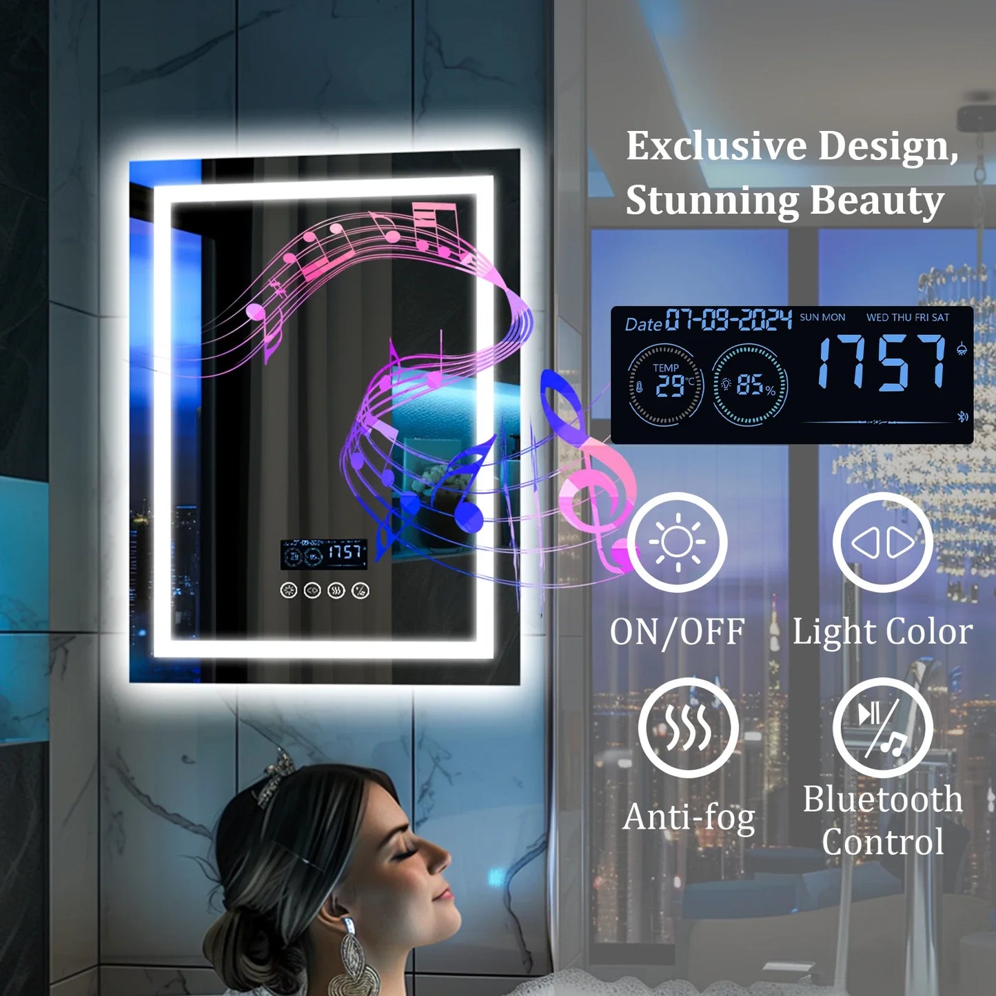 Square LED Bathroom Mirror with Bluetooth Speaker, Smart Wall Vanity Mirror, Front-lit and Backlight, Touch Anti-fog