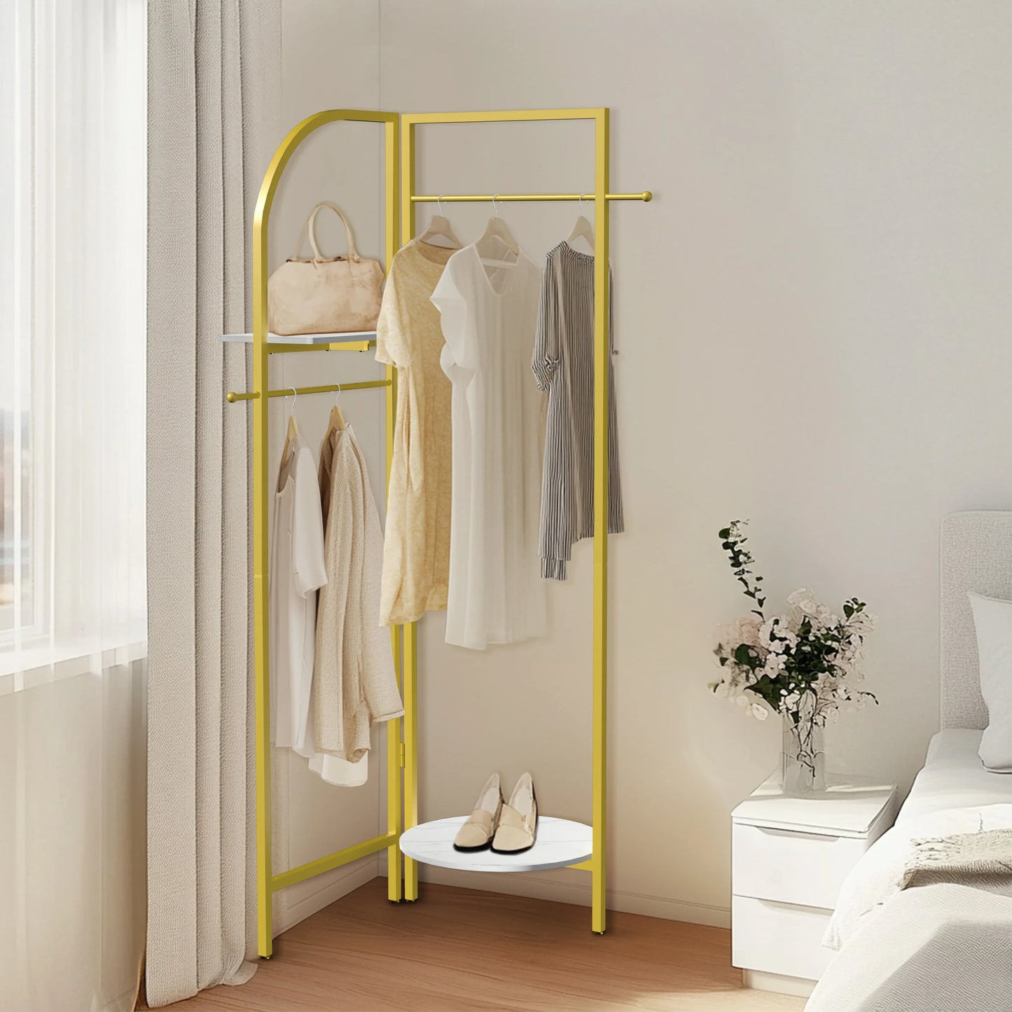 Adjustable Angle Gold Metal Coat Rack with Shelves and Hanging Rod Corner Clothes Stand for Home Clothes Organization