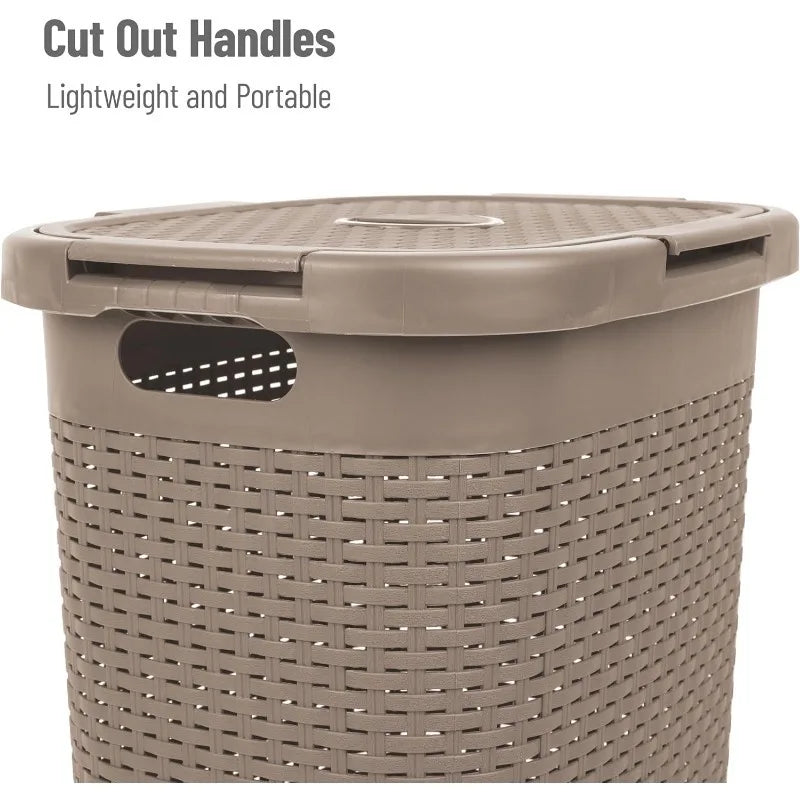 60L Slim Laundry Hamper, Clothes Basket, Lid, Wicker Design, Plastic