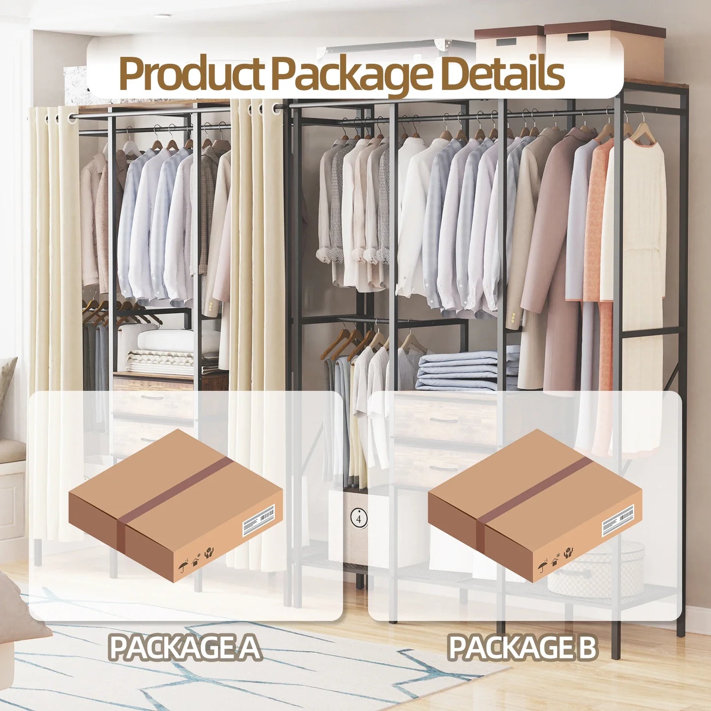 Industrial Coat Rack Stand, Open Wardrobe, Clothes Rail with 2 Drawer and Shelves, Bedroom Storage, Hanging Bar, XXL