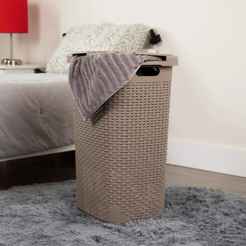 60L Slim Laundry Hamper, Clothes Basket, Lid, Wicker Design, Plastic