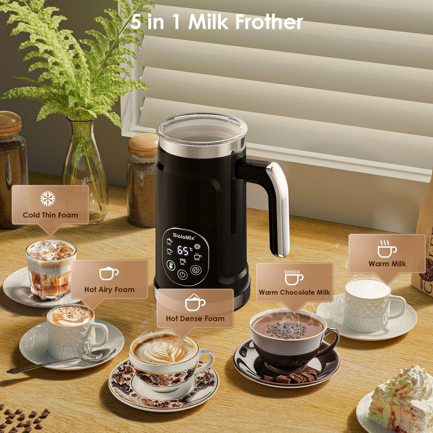 BioloMix Upgraded 5-in-1 LED Touch Screen Milk Frother for Lattes & Coffee, Hot And Cold Foam Maker