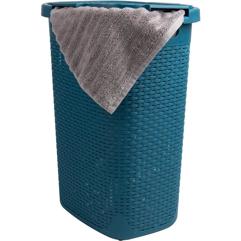 60L Slim Laundry Hamper, Clothes Basket, Lid, Wicker Design, Plastic