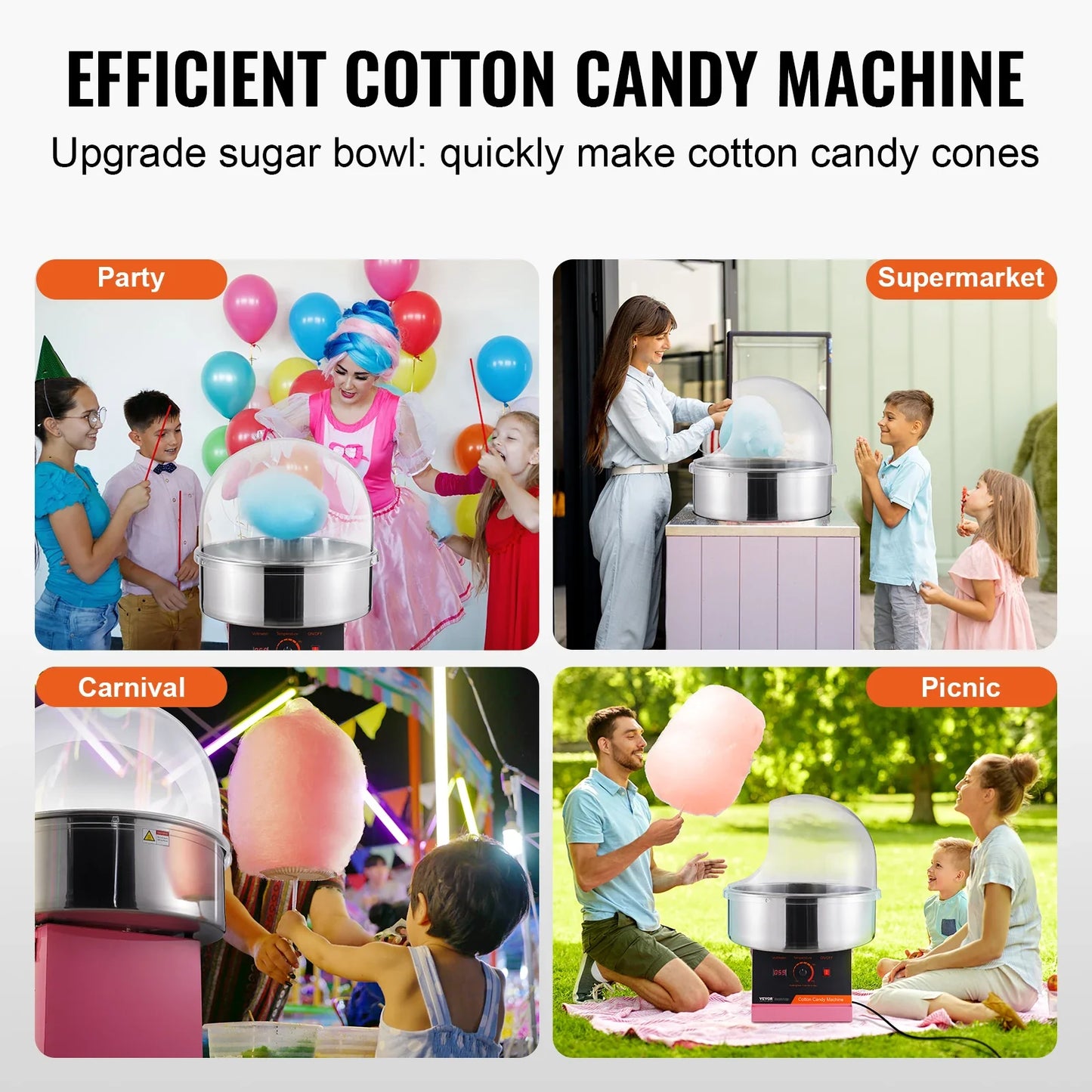 VEVOR Electric Cotton Candy Machine 1000W Candy Floss Maker Commercial Cotton Candy Machine Stainless Steel Bowl and Sugar Scoop