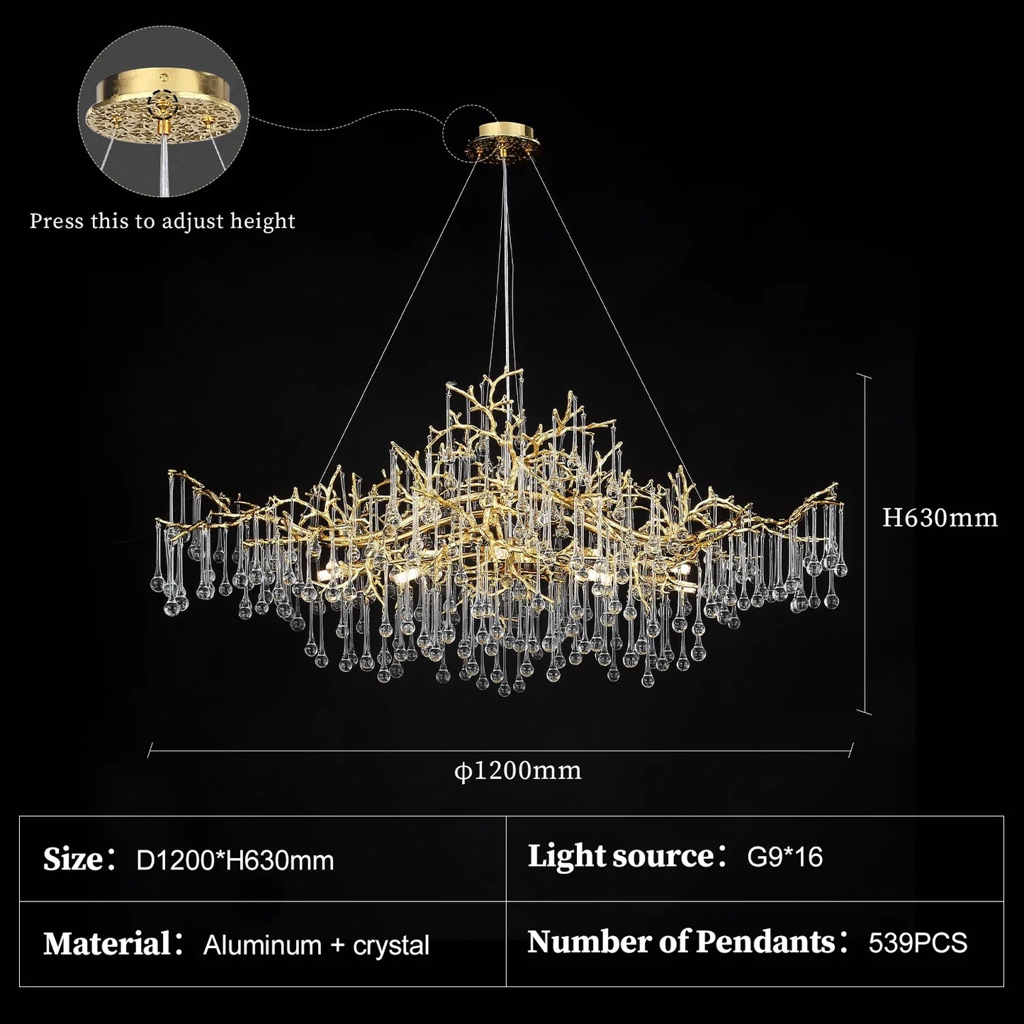 Large Vintage Golden Ceiling Crystal Chandelier