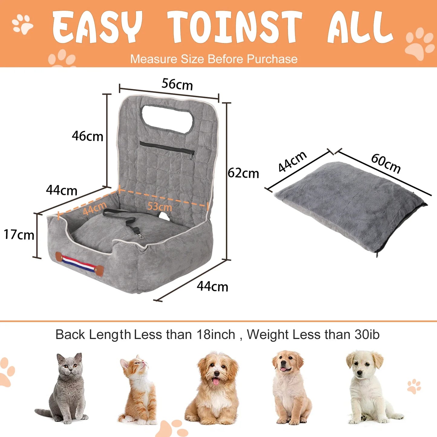 Dog Car Seat Protector Travel Anti-Slip Pet Booster Seat with Storage Pockets and Safety Leash Car Carrier Bed Hold 14kg