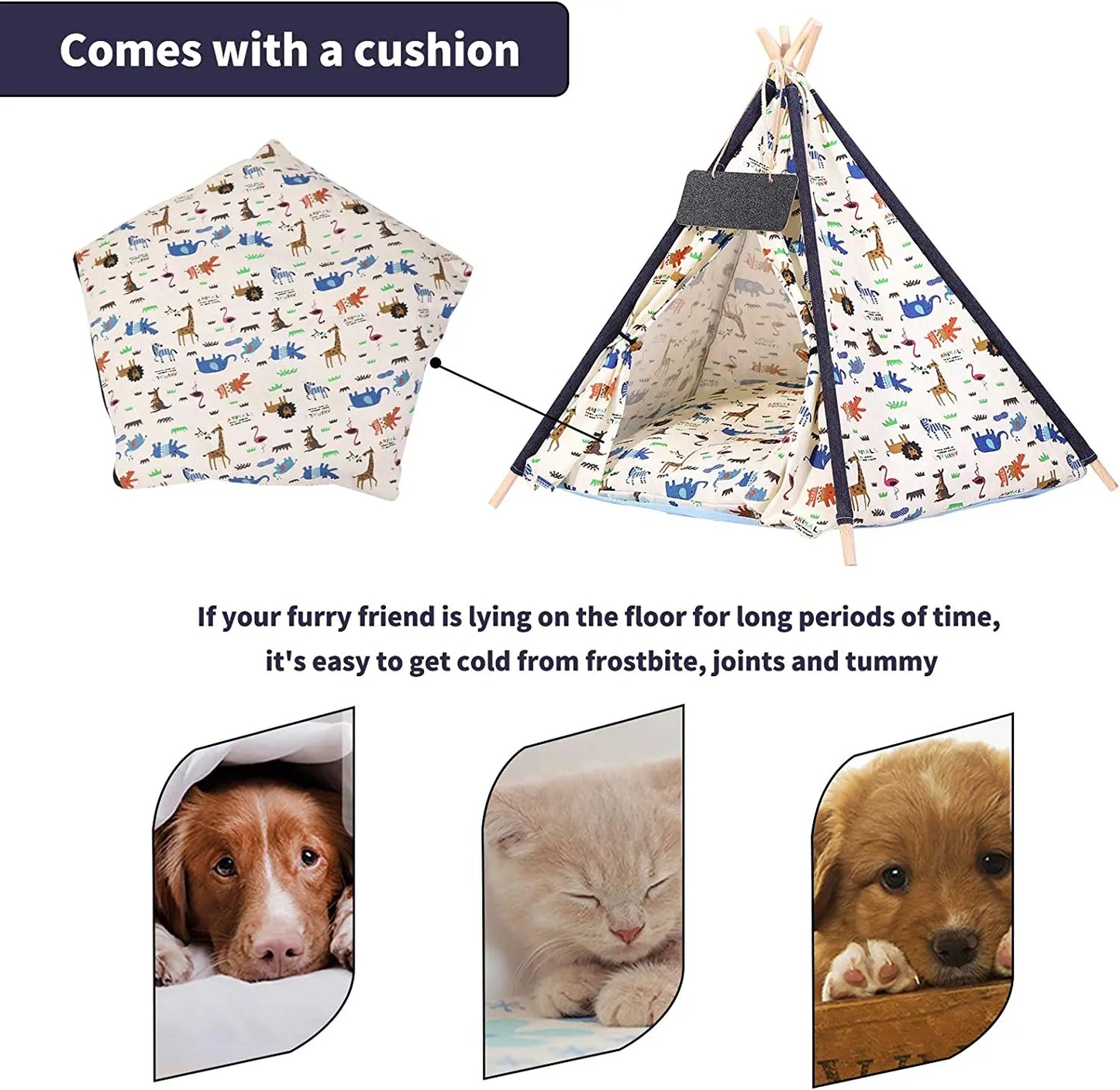 BingoPaw-Foldable Pet Tent with Cushion Pad, Cute Dog Bed House, Washable Cat Teepee, Playhouse Tents