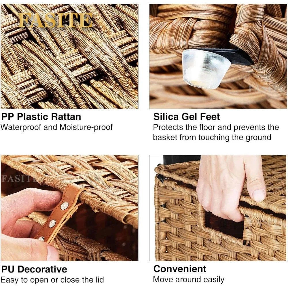 Greenstell Laundry Hamper with lid, No Install Needed, 110L Wicker Laundry Baskets Foldable 2 Removable Liner Bags, 2 Section