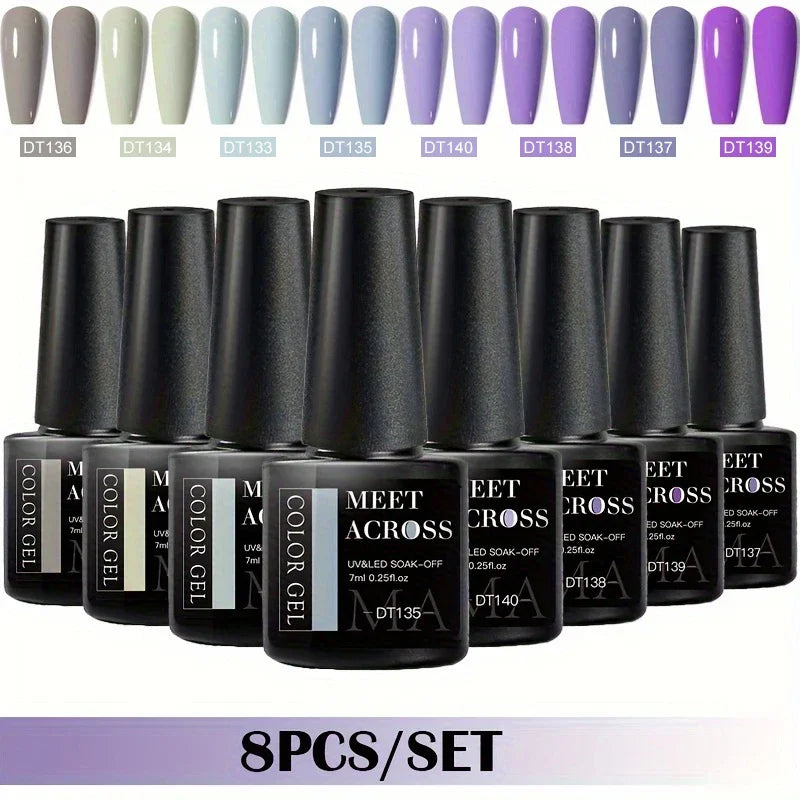 MEET ACROSS 8Pcs/Set Gel Nail Polish Set for All Season Neon Marcaron Green Red Series UV Gel Varnish Manicure Kit Nail Supplies