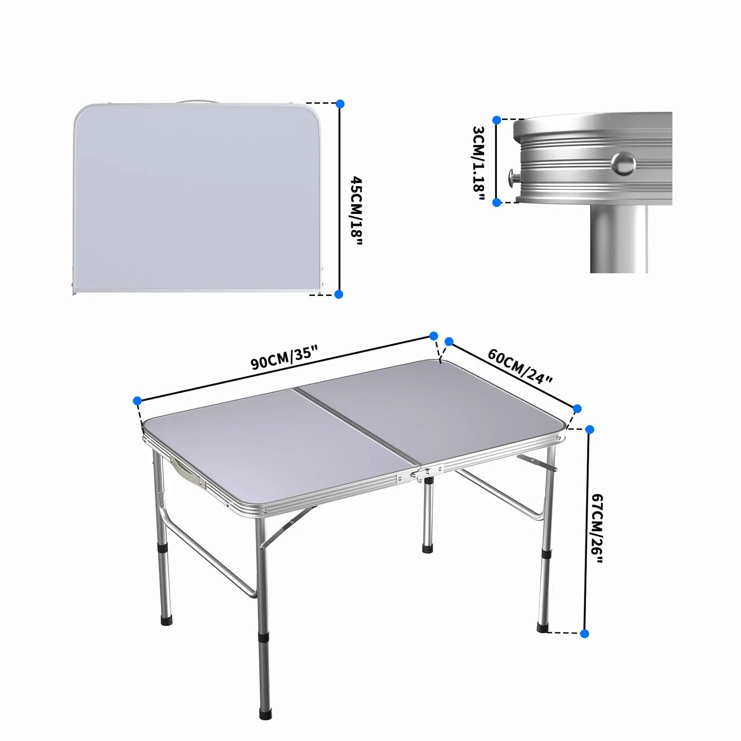 3FT/90CM Picnic Folding Tables, Aluminium Foldable Portable Adjustable Height Lightweight for Camping BBQ, 90x60x37/67cm