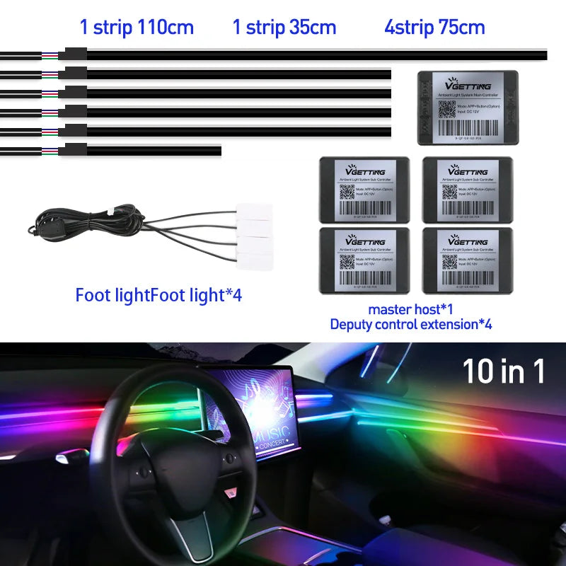 Full Color Streamer Car Ambient Lights RGB 64 Color Universal LED Interior