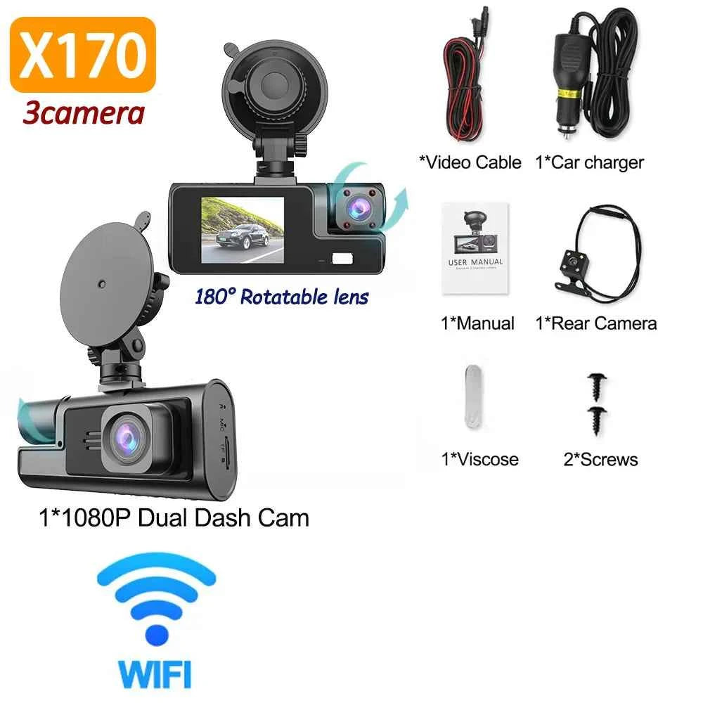 3 Lens Car Recorder with Memory Card Car Camera 1080P VCR WIFI Car DVR 2 Lens Front and Rear View Camera Night Vision Car Access