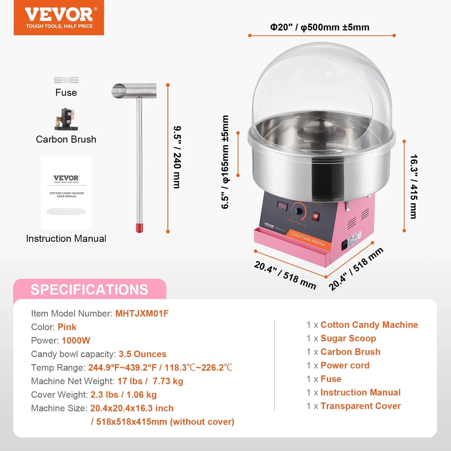 VEVOR Electric Cotton Candy Machine 1000W Candy Floss Maker Commercial Cotton Candy Machine Stainless Steel Bowl and Sugar Scoop