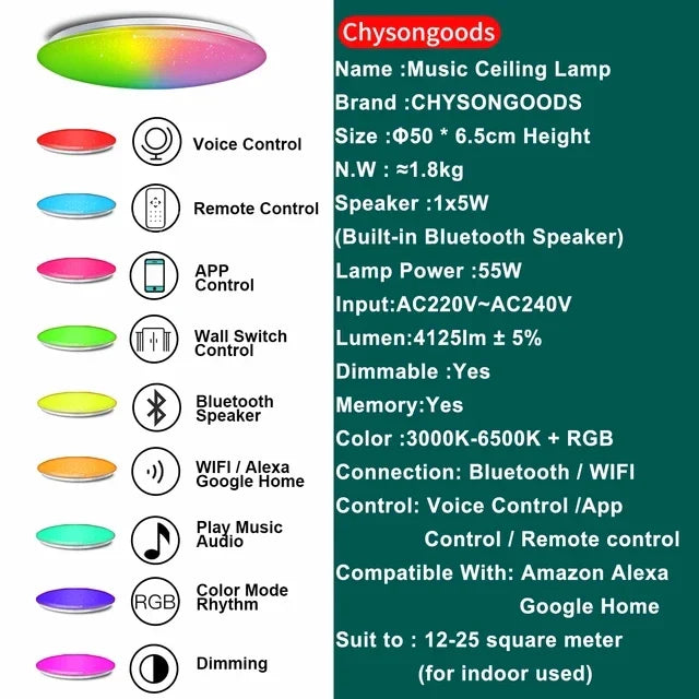 Modern LED Ceiling Lights Bluetooth Speaker Remote Control