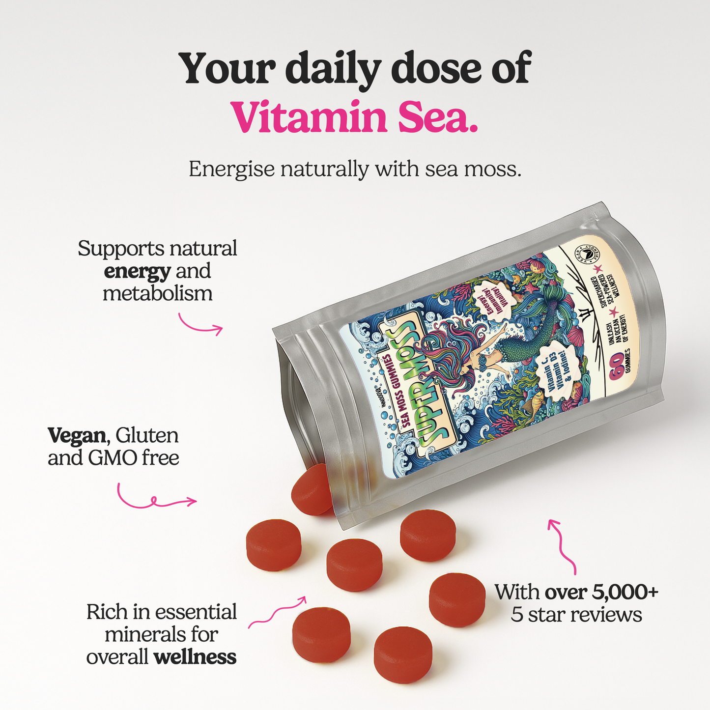 SuperMoss Sea Moss Gummies | Apple Flavour | 60 Gummies | Sea-Powered Energy, Immunity & Vitality