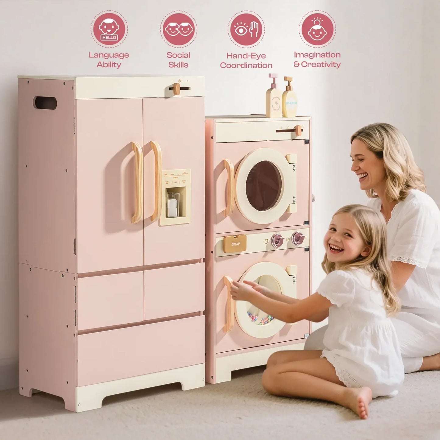 Robotime Robud Kids Corner Kitchen Playset Wooden Play Kitchen Set with Realistic Sound Pretend Play Gift for Boys Girls Pink