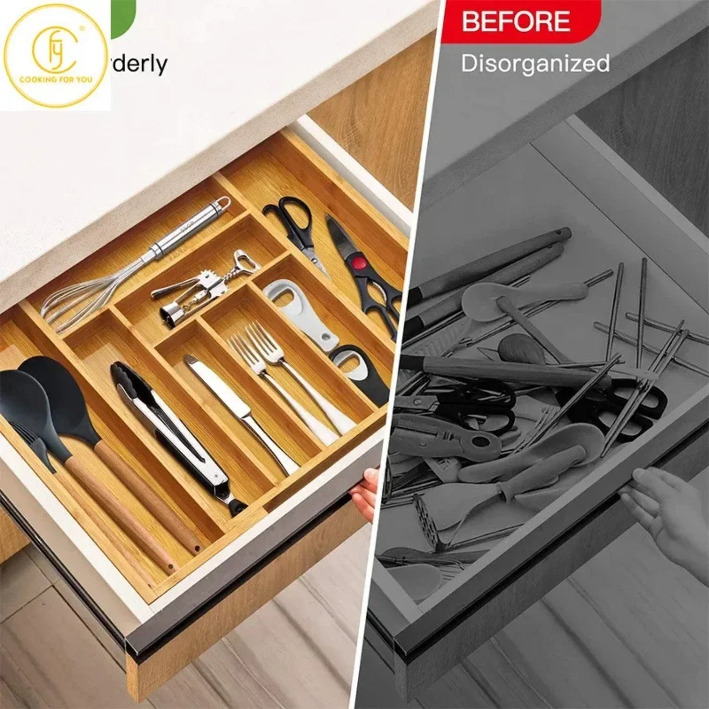 Adjustable 6/7 Grids Bamboo Drawers Insert Box for Cutlery Dinnerware Tools - Kitchen Cabinet Organizer and Housholder Gold tray