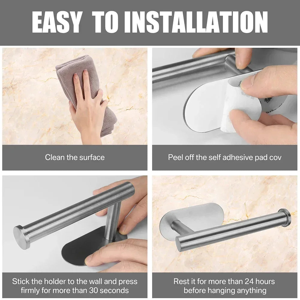 Adhesive Toilet Roll Paper Holder Organizer Wall Mount Storage Stand Kitchen Bathroom No Drill Tissue Towel Dispenser Stainless