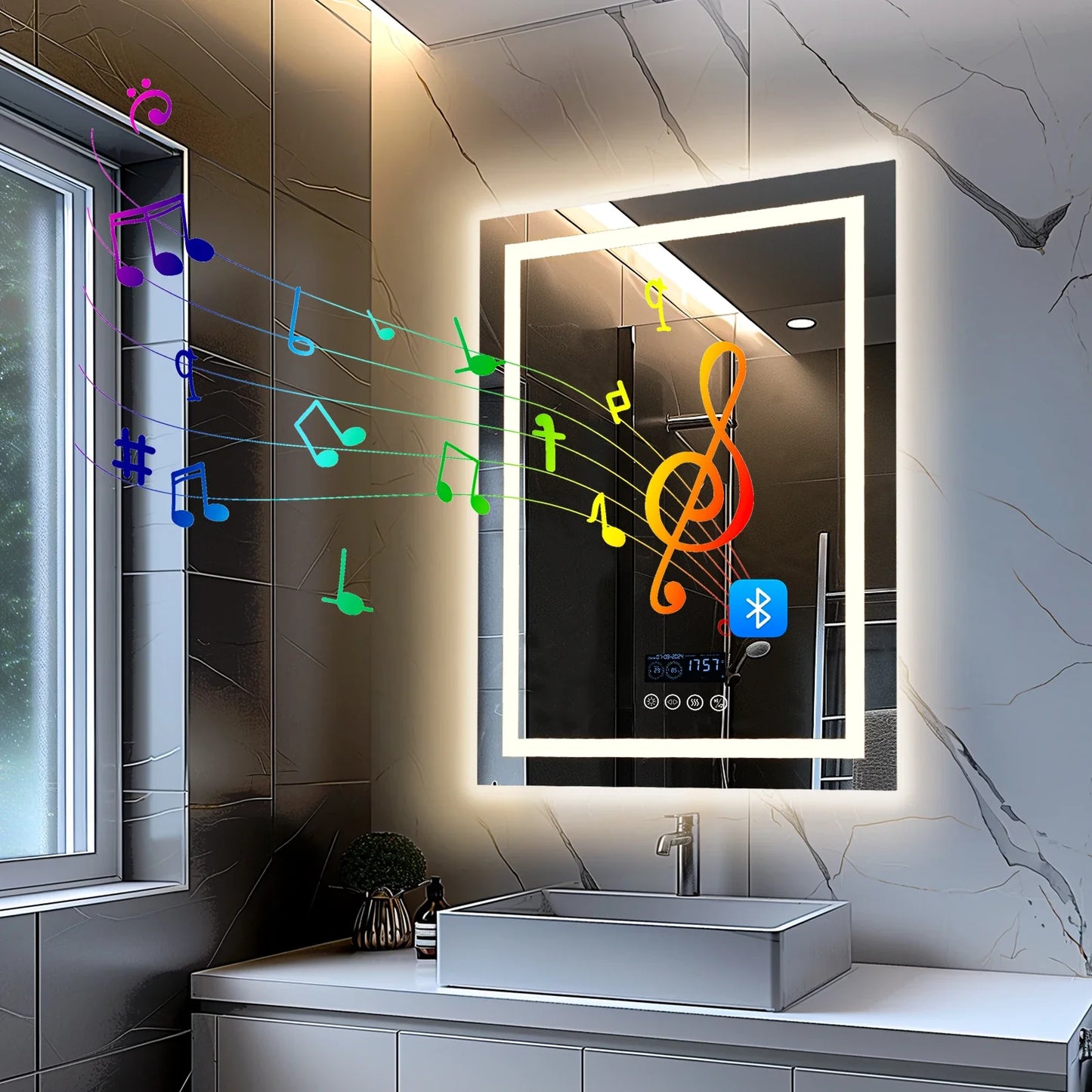 Square LED Bathroom Mirror with Bluetooth Speaker, Smart Wall Vanity Mirror, Front-lit and Backlight, Touch Anti-fog