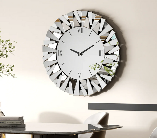 Large Round Mirrored Wall Clock, 3D Beveled Glass Edge, Fireplace Living Room Decor, 80cm