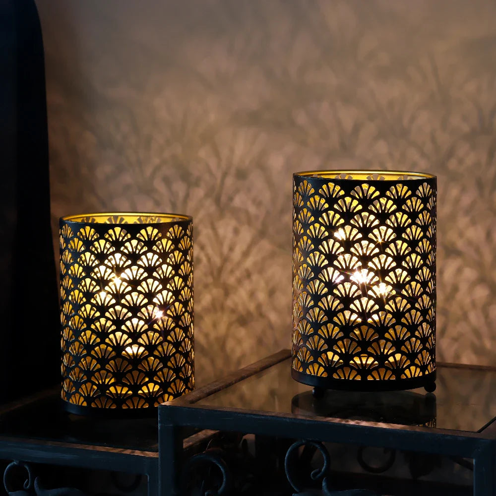 2Pcs Black Metal Table Lamp LED Lantern Battery Powered Lights Cordless